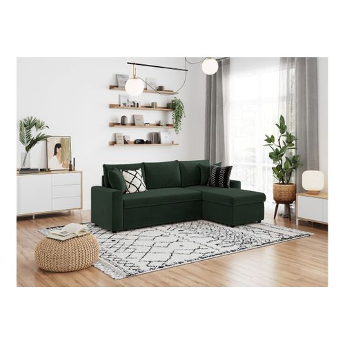 Canapé D'angle 3 Places Maria Réversible, Convertible Avec Coffre En Velours Côtelé - Vert Foncé
