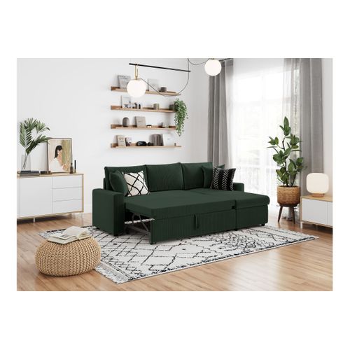 Canapé D'angle 3 Places Maria Réversible, Convertible Avec Coffre En Velours Côtelé - Vert Foncé