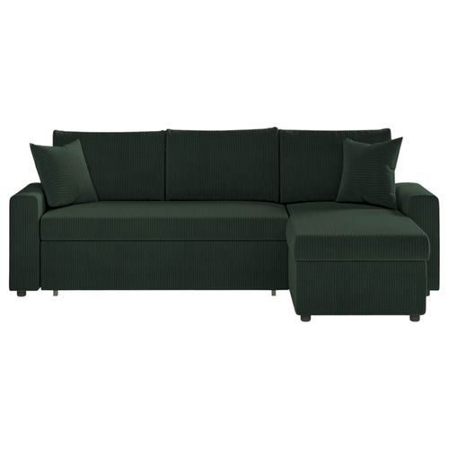 Canapé D'angle 3 Places Maria Réversible, Convertible Avec Coffre En Velours Côtelé - Vert Foncé