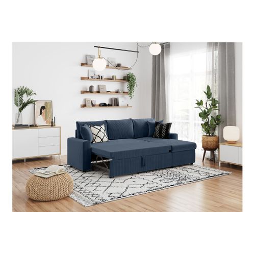Canapé D'angle 3 Places Maria Réversible, Convertible Avec Coffre En Velours Côtelé- Bleu Foncé