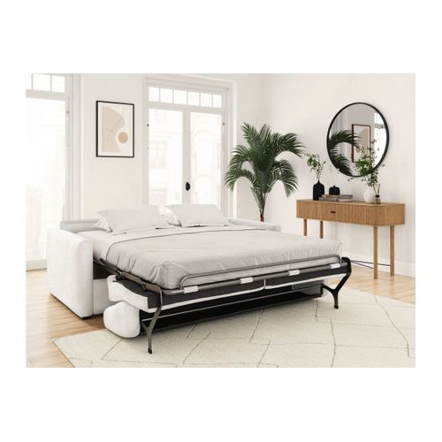 Canapé Convertible Express 3 Places Agathe En Tissu Bouclette - Matelas 13cm - Blanc - 140x190cm