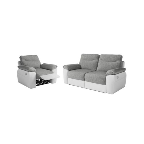 Pack - Canapé De Relaxation Ross Électrique 3 Places Et Fauteuil En Tissu Et Simili - Blanc/gris