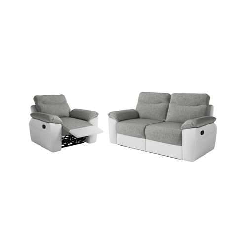 Pack - Canapé De Relaxation Ross Manuel 3 Places Et Fauteuil En Tissu Et Simili - Blanc/gris