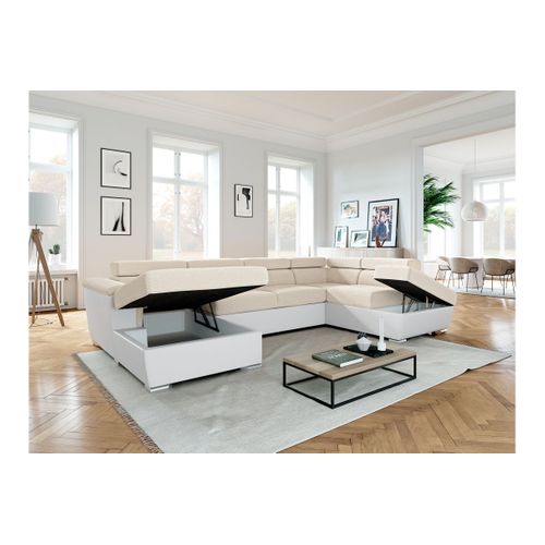 Canapé Panoramique Paola Convertible 2 Coffres En Tissu Easy Clean Antitache Et Simili- Beige/blanc