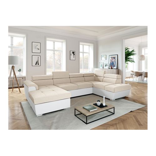Canapé Panoramique Paola Convertible 2 Coffres En Tissu Easy Clean Antitache Et Simili- Beige/blanc