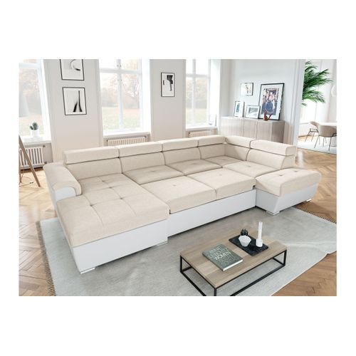 Canapé Panoramique Paola Convertible 2 Coffres En Tissu Easy Clean Antitache Et Simili- Beige/blanc