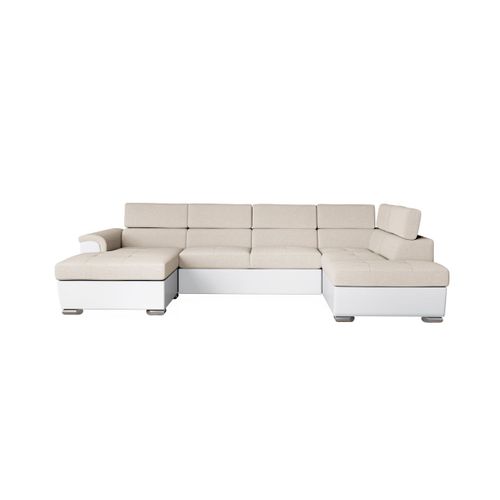 Canapé Panoramique Paola Convertible 2 Coffres En Tissu Easy Clean Antitache Et Simili- Beige/blanc