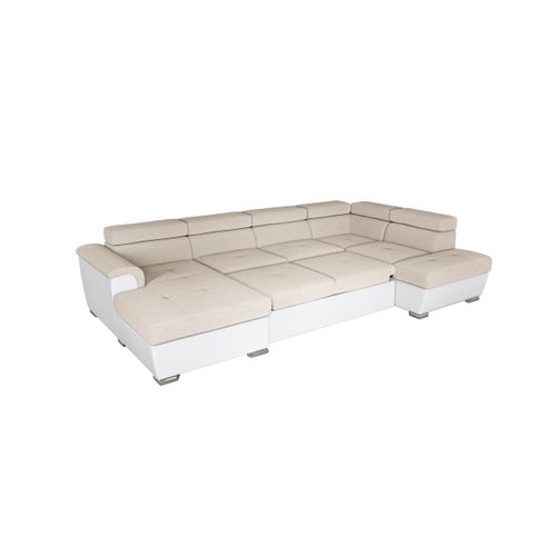 Canapé Panoramique Paola Convertible 2 Coffres En Tissu Easy Clean Antitache Et Simili- Beige/blanc