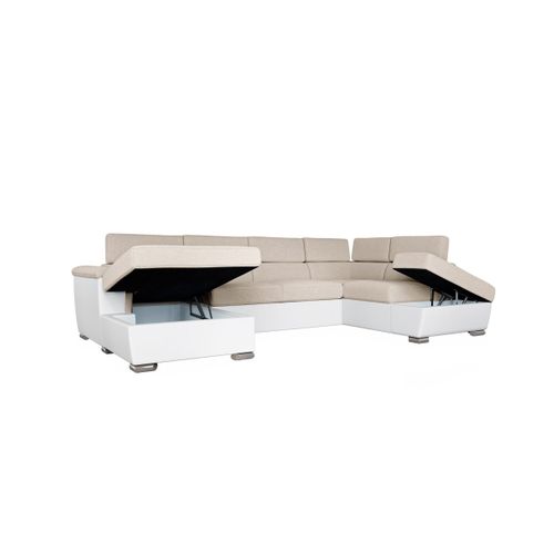 Canapé Panoramique Paola Convertible 2 Coffres En Tissu Easy Clean Antitache Et Simili- Beige/blanc