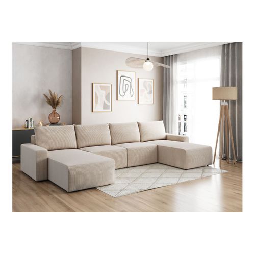Canapé Panoramique Fixe 6 Places Romane En Velours Côtelé - Beige