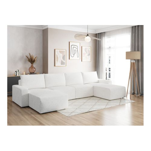Canapé Panoramique Fixe 6 Places Romane En Tissu Bouclette - Blanc