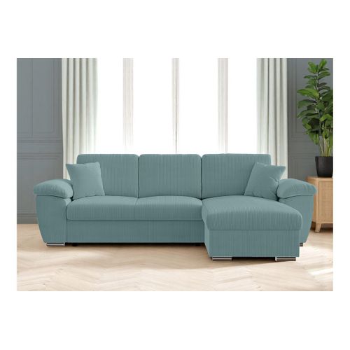 Canapé D'angle Albert Réversible Convertible 4 Places Avec Coffre En Velours Côtelé - Bleu Clair