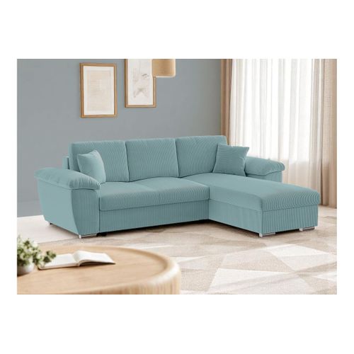 Canapé D'angle Albert Réversible Convertible 4 Places Avec Coffre En Velours Côtelé - Bleu Clair