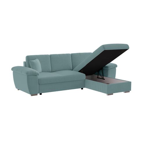 Canapé D'angle Albert Réversible Convertible 4 Places Avec Coffre En Velours Côtelé - Bleu Clair