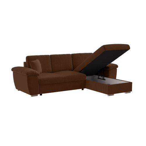 Canapé D'angle Albert Réversible Convertible 4 Places Avec Coffre En Velours Côtelé - Marron