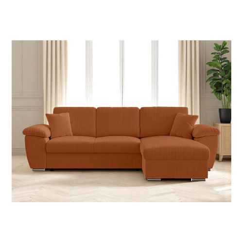 Canapé D'angle Albert Réversible Convertible 4 Places Avec Coffre En Velours Côtelé - Terracotta