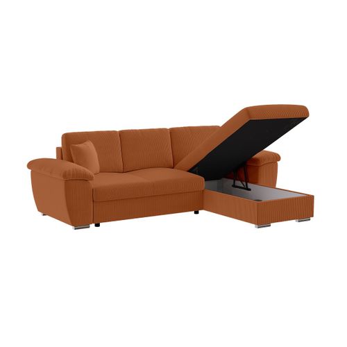 Canapé D'angle Albert Réversible Convertible 4 Places Avec Coffre En Velours Côtelé - Terracotta