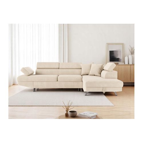 Canapé D'angle Droit Convertible Rio 5 Places Avec Coffre De Rangement En Velours Côtelé - Beige