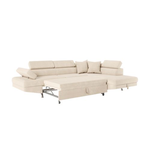 Canapé D'angle Droit Convertible Rio 5 Places Avec Coffre De Rangement En Velours Côtelé - Beige