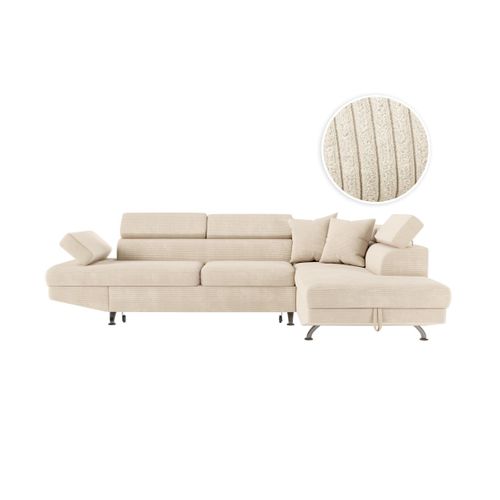 Canapé D'angle Droit Convertible Rio 5 Places Avec Coffre De Rangement En Velours Côtelé - Beige
