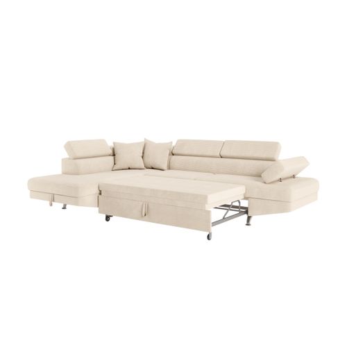 Canapé D'angle Gauche Convertible Rio 5 Places Avec Coffre De Rangement En Velours Côtelé - Beige