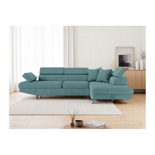 Canapé D'angle Droit Convertible Rio 5 Places Avec Coffre De Rangement En Velours Côtelé Bleu Clair