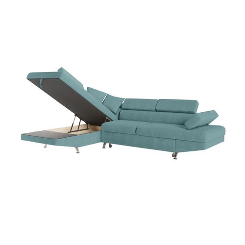 Canapé D'angle Gauche Convertible Rio 5 Places Avec Coffre De Rangement En Velours Côtelé Bleu Clair