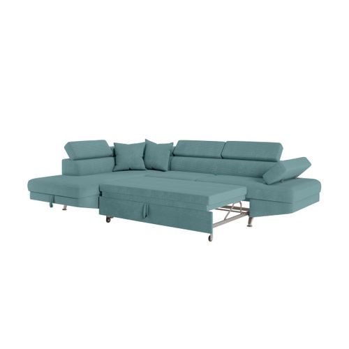 Canapé D'angle Gauche Convertible Rio 5 Places Avec Coffre De Rangement En Velours Côtelé Bleu Clair