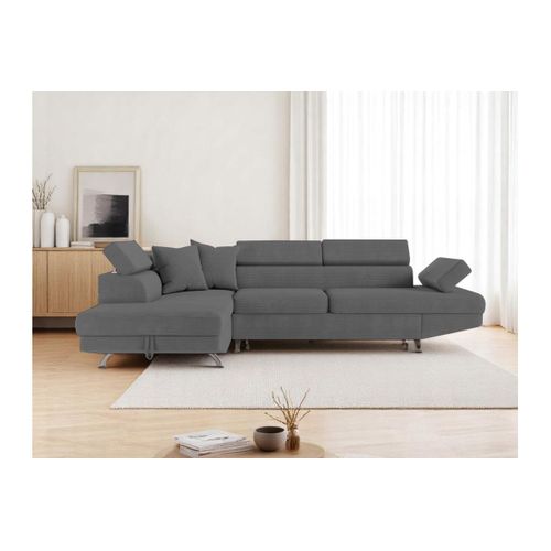 Canapé D'angle Gauche Convertible Rio 5 Places Avec Coffre De Rangement En Velours Côtelé Gris Foncé