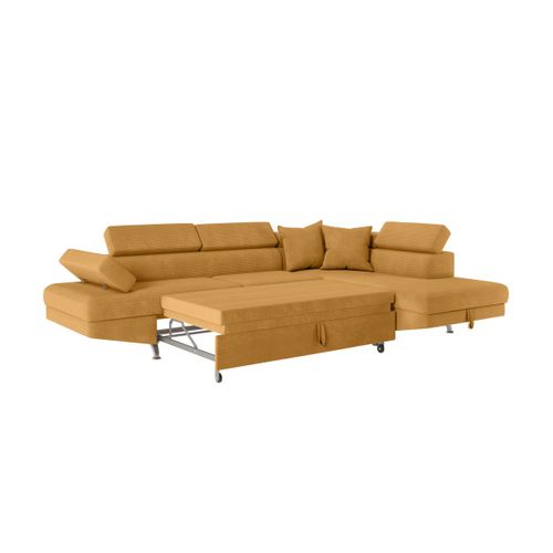 Canapé D'angle Droit Convertible Rio 5 Places Avec Coffre De Rangement En Velours Côtelé - Jaune