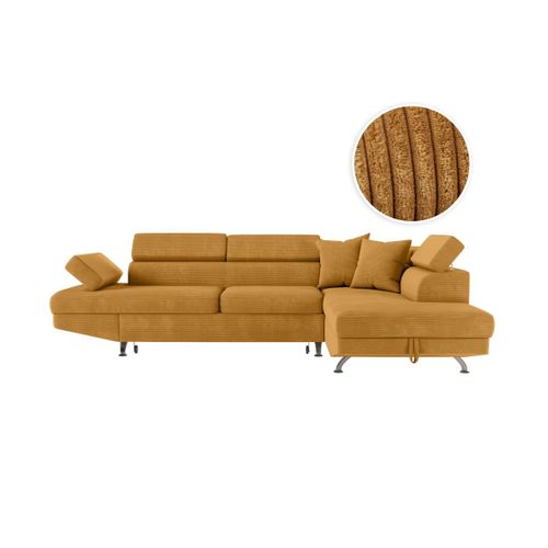 Canapé D'angle Droit Convertible Rio 5 Places Avec Coffre De Rangement En Velours Côtelé - Jaune