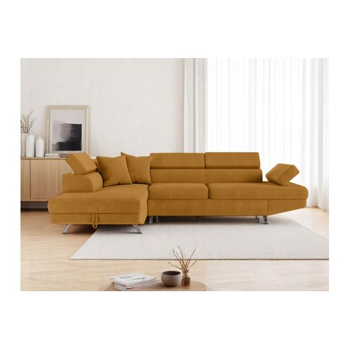 Canapé D'angle Gauche Convertible Rio 5 Places Avec Coffre De Rangement En Velours Côtelé - Jaune