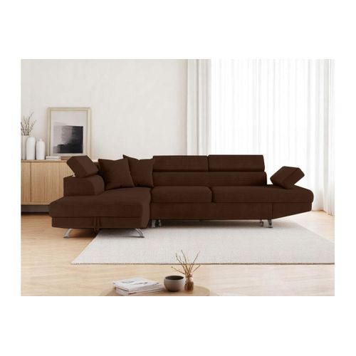 Canapé D'angle Gauche Convertible Rio 5 Places Avec Coffre De Rangement En Velours Côtelé - Marron