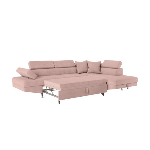 Canapé D'angle Droit Convertible Rio 5 Places Avec Coffre De Rangement En Velours Côtelé Vieux Rose