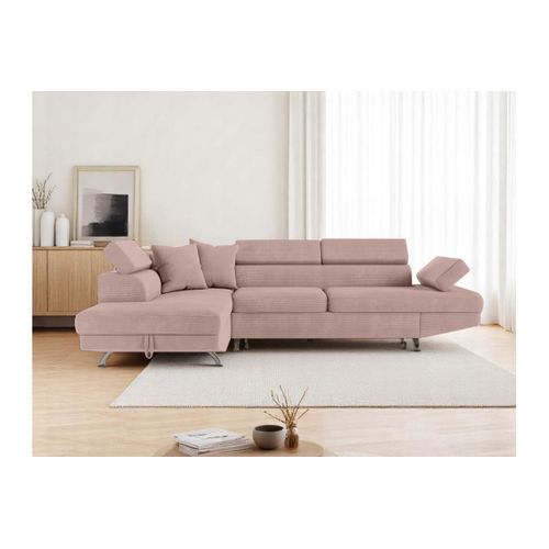 Canapé D'angle Gauche Convertible Rio 5 Places Avec Coffre De Rangement En Velours Côtelé Vieux Rose