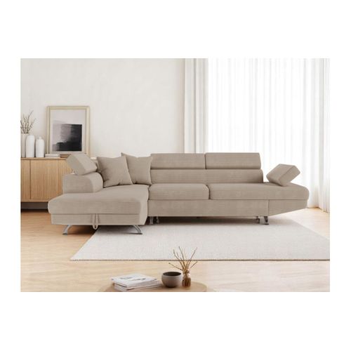 Canapé D'angle Gauche Convertible Rio 5 Places Avec Coffre De Rangement En Velours Côtelé - Taupe
