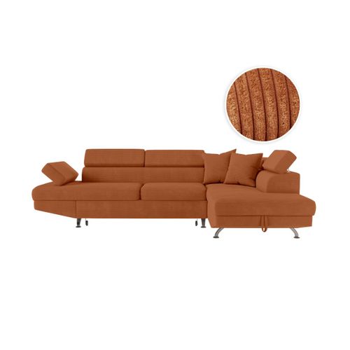 Canapé D'angle Droit Convertible Rio 5 Pl Avec Coffre De Rangement En Velours Côtelé - Terracotta