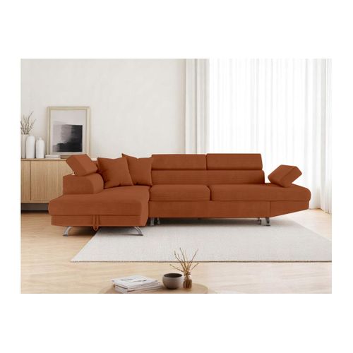 Canapé D'angle Gauche Convertible Rio 5 Pl Avec Coffre De Rangement En Velours Côtelé - Terracotta