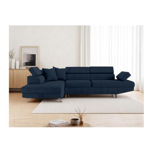 Canapé D'angle Gauche Convertible Rio 5 Places Avec Coffre De Rangement En Velours Côtelé Bleu Foncé