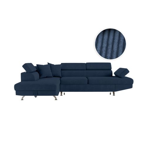Canapé D'angle Gauche Convertible Rio 5 Places Avec Coffre De Rangement En Velours Côtelé Bleu Foncé