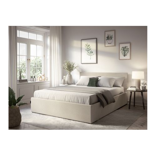 Cadre De Lit Edgar Avec Coffre De Rangement Et Tête De Lit En Velours Côtelé Beige - 180x200cm