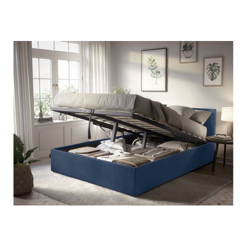 Cadre De Lit Edgar Avec Coffre De Rangement Et Tête De Lit En Velours Côtelé Bleu Foncé - 180x200cm