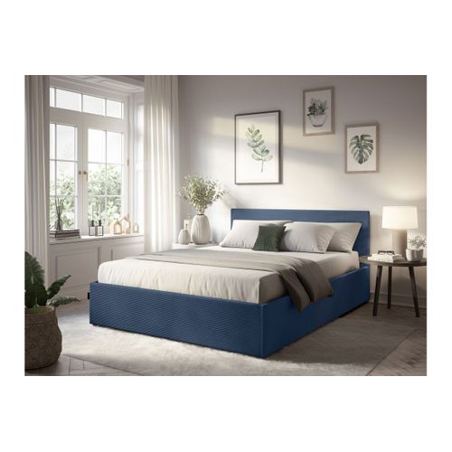 Cadre De Lit Edgar Avec Coffre De Rangement Et Tête De Lit En Velours Côtelé Bleu Foncé - 180x200cm