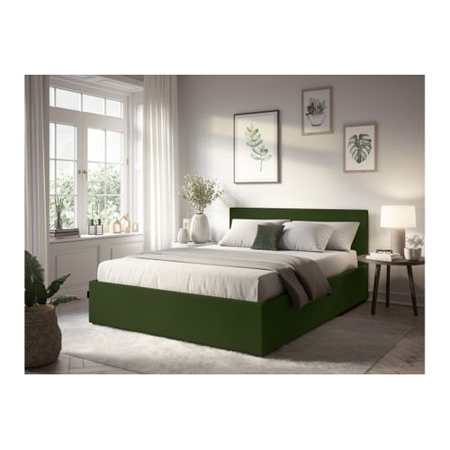 Cadre De Lit Edgar Avec Coffre De Rangement Et Tête De Lit En Velours Côtelé Vert - 160x200cm