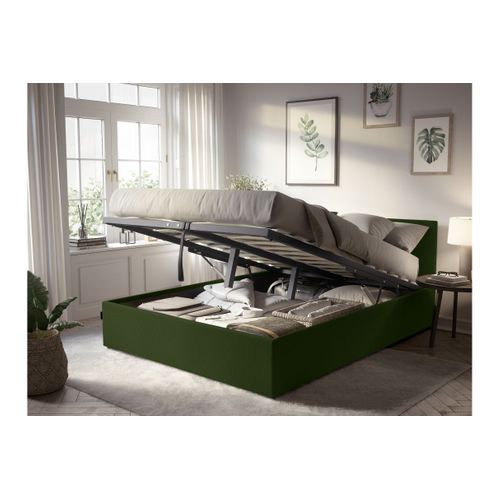 Cadre De Lit Edgar Avec Coffre De Rangement Et Tête De Lit En Velours Côtelé Vert - 180x200cm