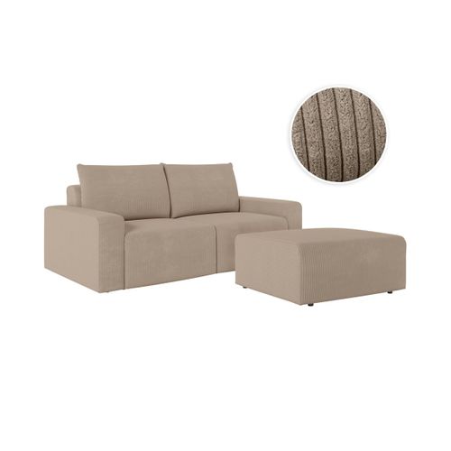 Pack - Canapé Droit Fixe 2 Places Romane Avec Pouf En Velours Côtelé - Taupe