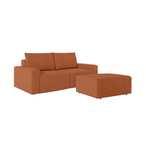 Pack - Canapé Droit Fixe 2 Places Romane Avec Pouf En Velours Côtelé - Terracotta