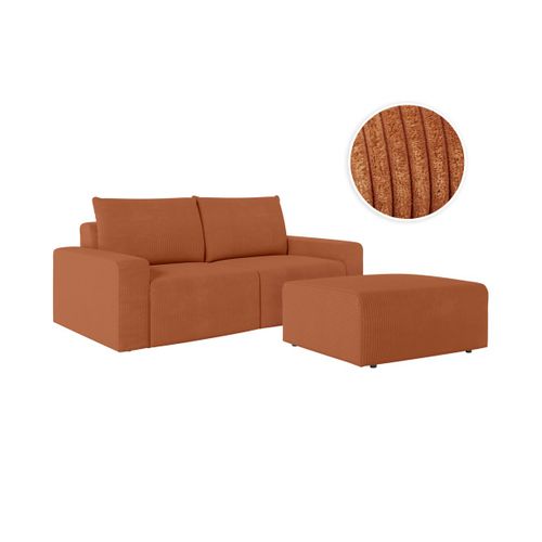 Pack - Canapé Droit Fixe 2 Places Romane Avec Pouf En Velours Côtelé - Terracotta