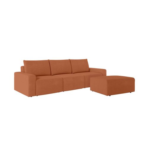 Pack - Canapé Droit Fixe 3 Places Romane Avec Pouf En Velours Côtelé - Terracotta