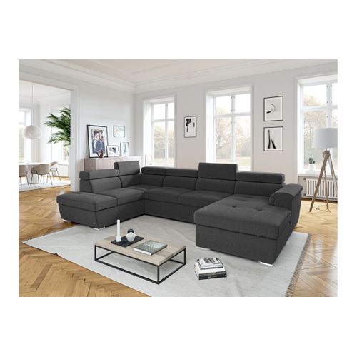 Canapé Panoramique 6 Places Convertible Paola En Tissu - Gris Foncé - Angle Gauche